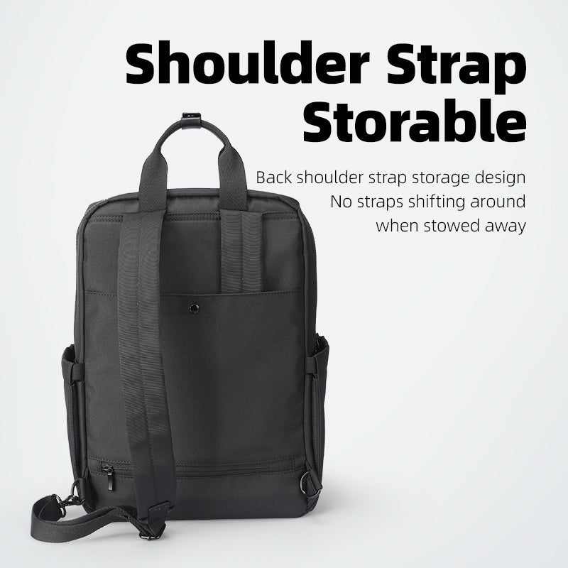 Back view of black BreezePack lightweight backpack with removable shoulder straps, highlighting storable design that keeps straps in place when stored.