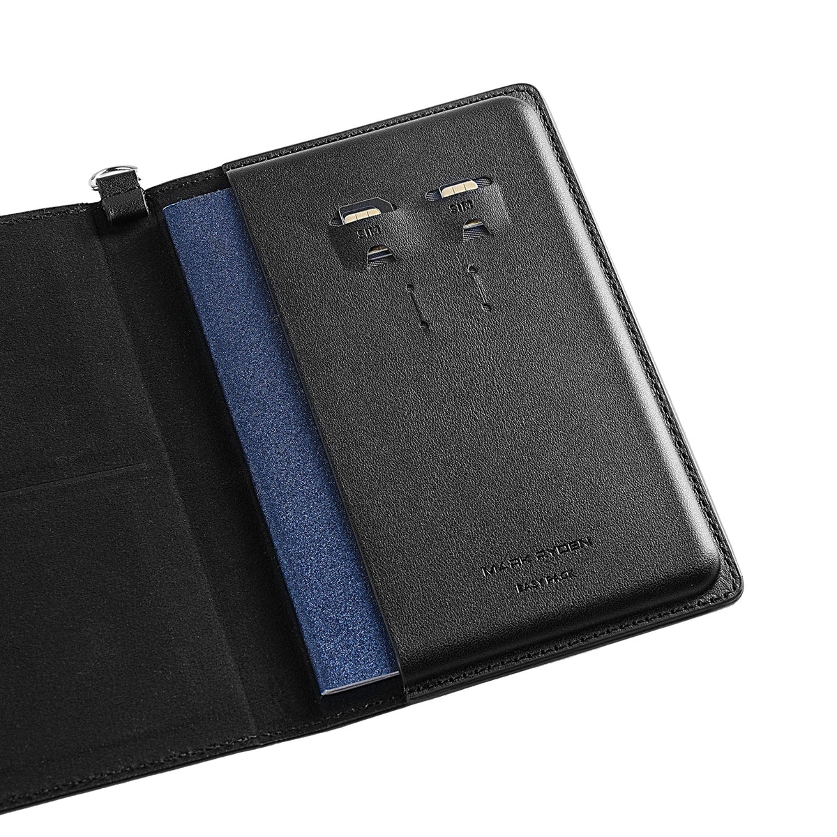 Mark Ryden black leather crossbody travel card wallet with boarding card slots and blue interior