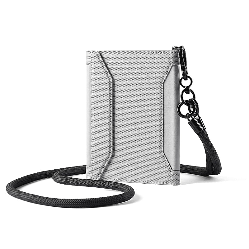 Mark Ryden Global silver anti-theft crossbody boarding card wallet with black strap