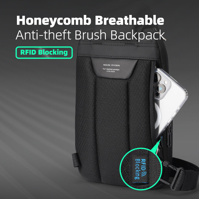 Black honeycomb breathable anti-theft brush backpack with RFID blocking, showing a smartphone in the pocket and close-up of RFID label.
