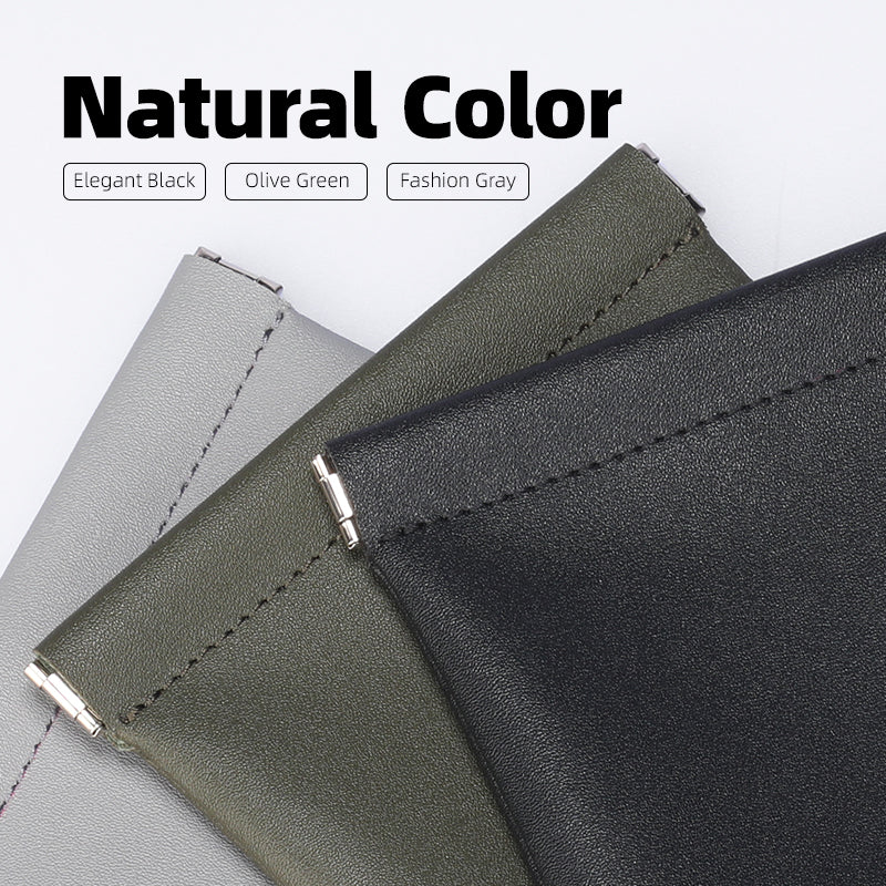 Mark Ryden Global secure coin pouches - black, olive green, gray leather styles with metal closure