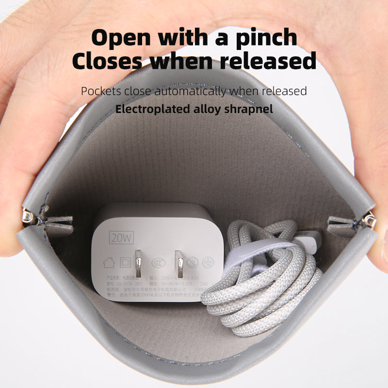 Gray anti-theft coin pouch with secure pinch closure holds 20W charger & cable - MarkRyden Global