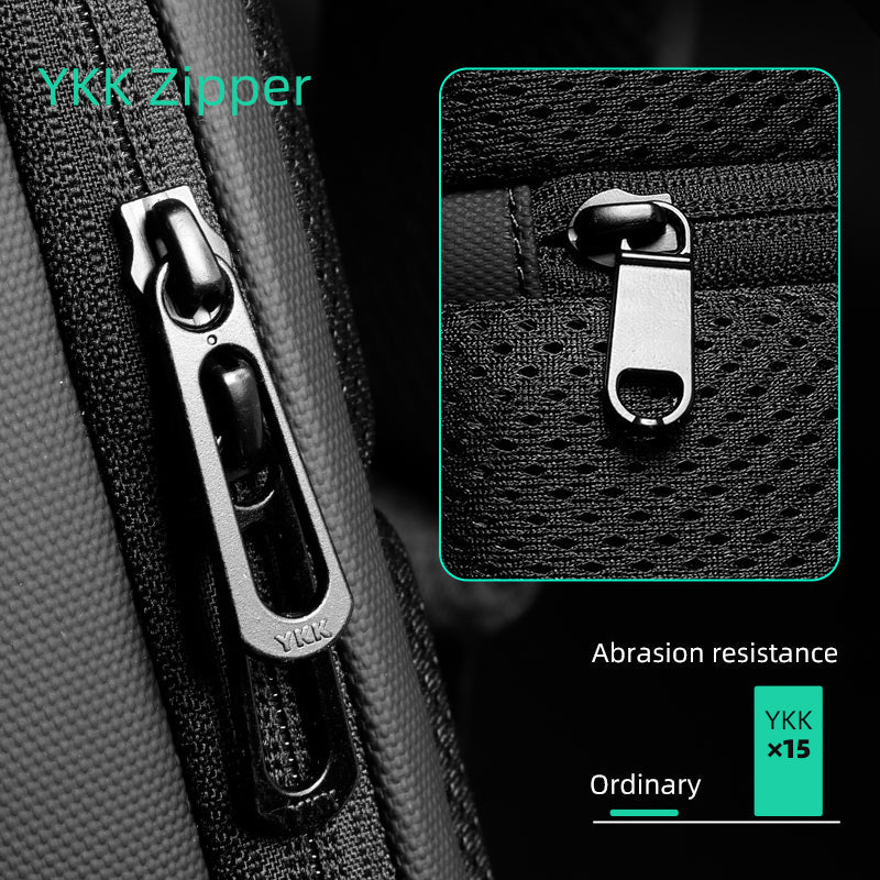 YKK zipper detail on Mark Ryden Global secure sling bag - abrasion resistant material