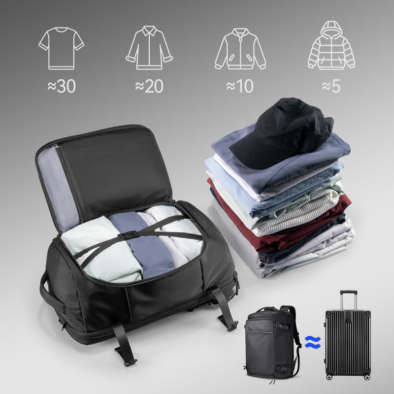 Mark Ryden Aegis Fortress backpack packed with clothes, capacity indicators
