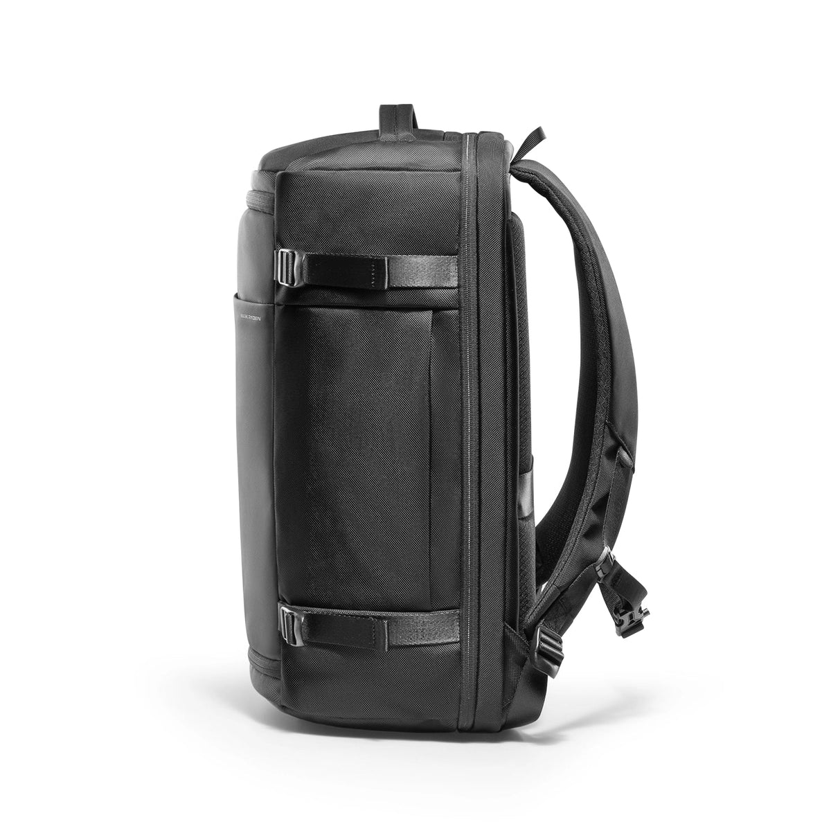 Mark Ryden Aegis Fortress black travel backpack side profile