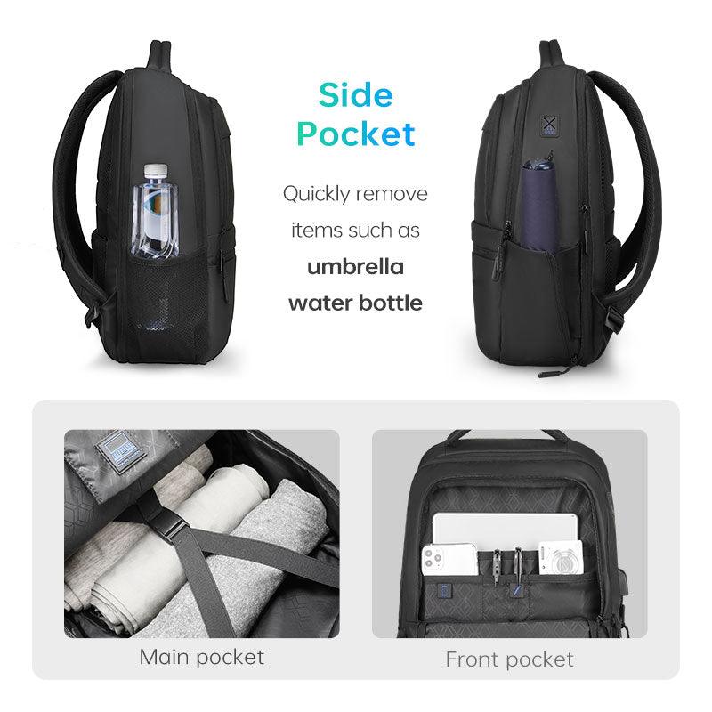 Fady 2nd Gen Lightweight USB Charging Laptop Backpack with Anti-theft Pocket: Black backpack with side pockets holding water bottle and tumbler, main pocket with rolled towels, front pocket with laptop and accessories.