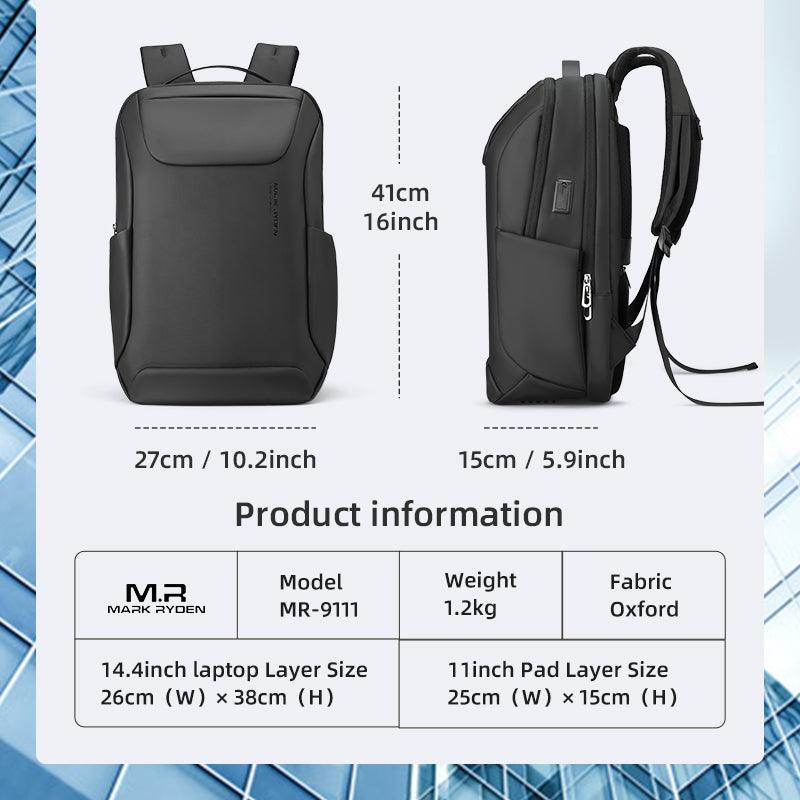 MARK RYDEN stylish waterproof backpack with multiple compartments and USB port for modern traveler