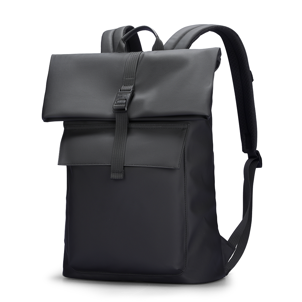 Minimalism â…?dark gray roll-top backpack with front flap pocket and padded straps, designed for daily commute with versatile capacity.