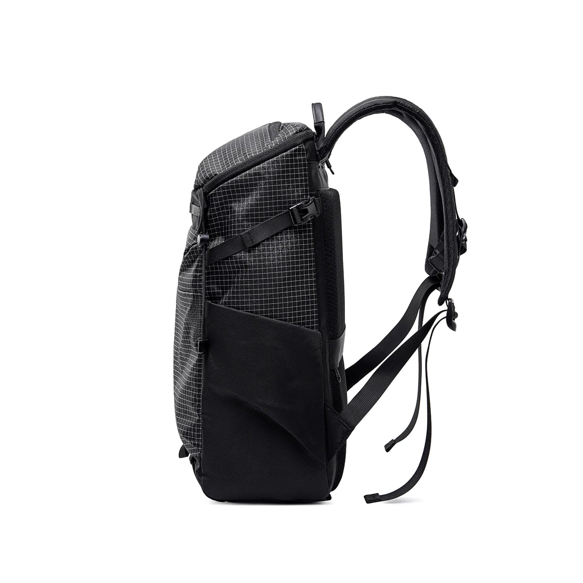 AeroPro 17.3" Laptop Backpack in black and gray checkered fabric with padded shoulder straps, large front pocket, and adjustable straps designed for travelers.