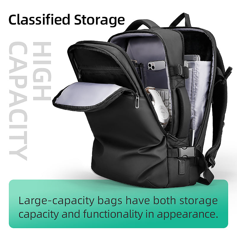 Black water-repellent multifunctional backpack with classified storage compartments