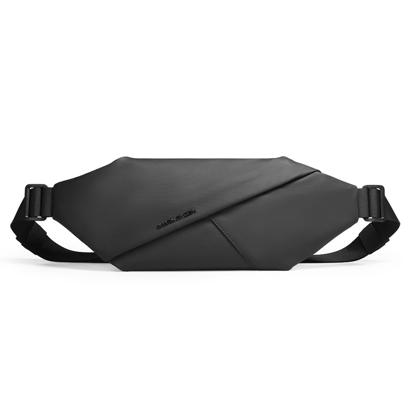 Black UrbanStride Compact City Explorer’s Satchel Crossbody Bag with angular geometric design, adjustable crossbody straps, and Mark Ryden logo.