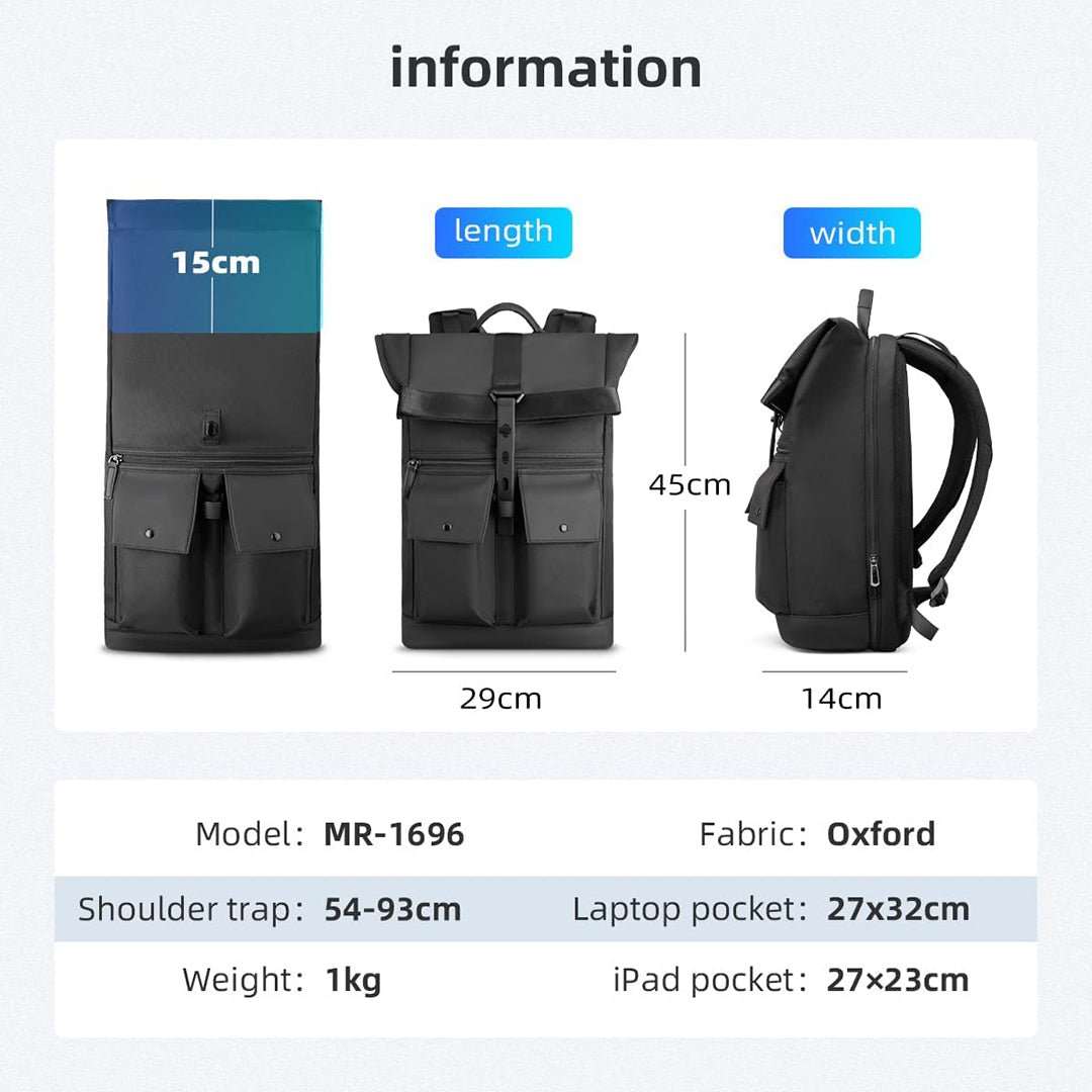 Stylish black rolltop Mark Ryden backpack with multiple pockets, Oxford fabric - daily commute